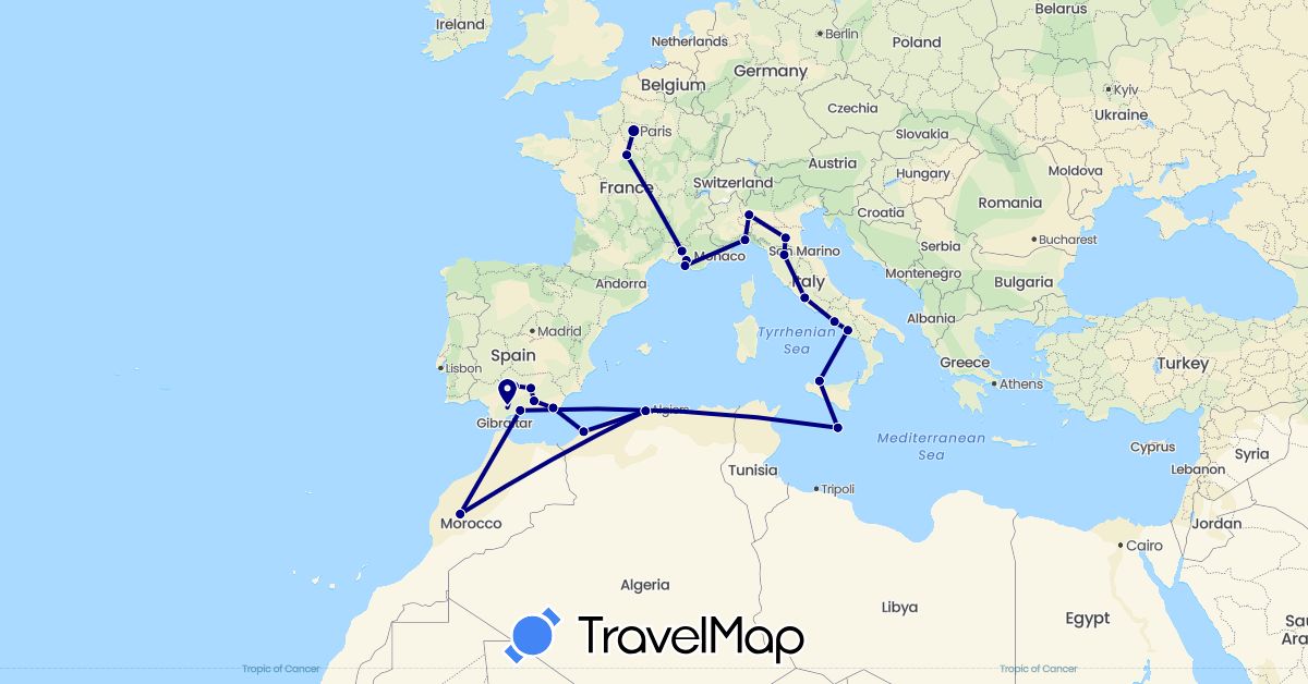 TravelMap itinerary: driving in Algeria, Spain, France, Italy, Morocco, Malta (Africa, Europe)